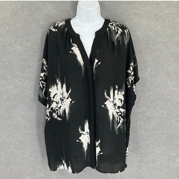 Rose & Olive Top Womens 2X Black Floral Print Sheer Kimono Oversized Plus Artsy - Picture 1 of 10